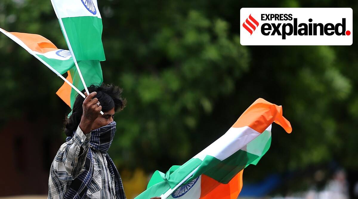 A street vendor sells the Indian national flag in Ahmedabad. (Express Photo: Nirmal Harindran, File)